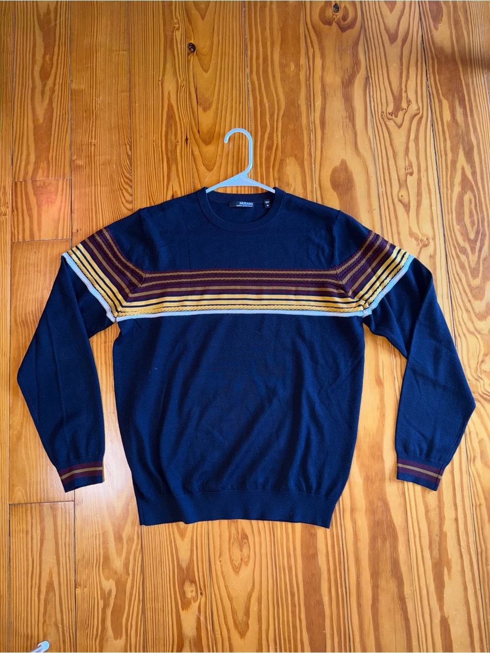 Murano Navy Crewneck Sweater with Maroon and Mustard Stripes